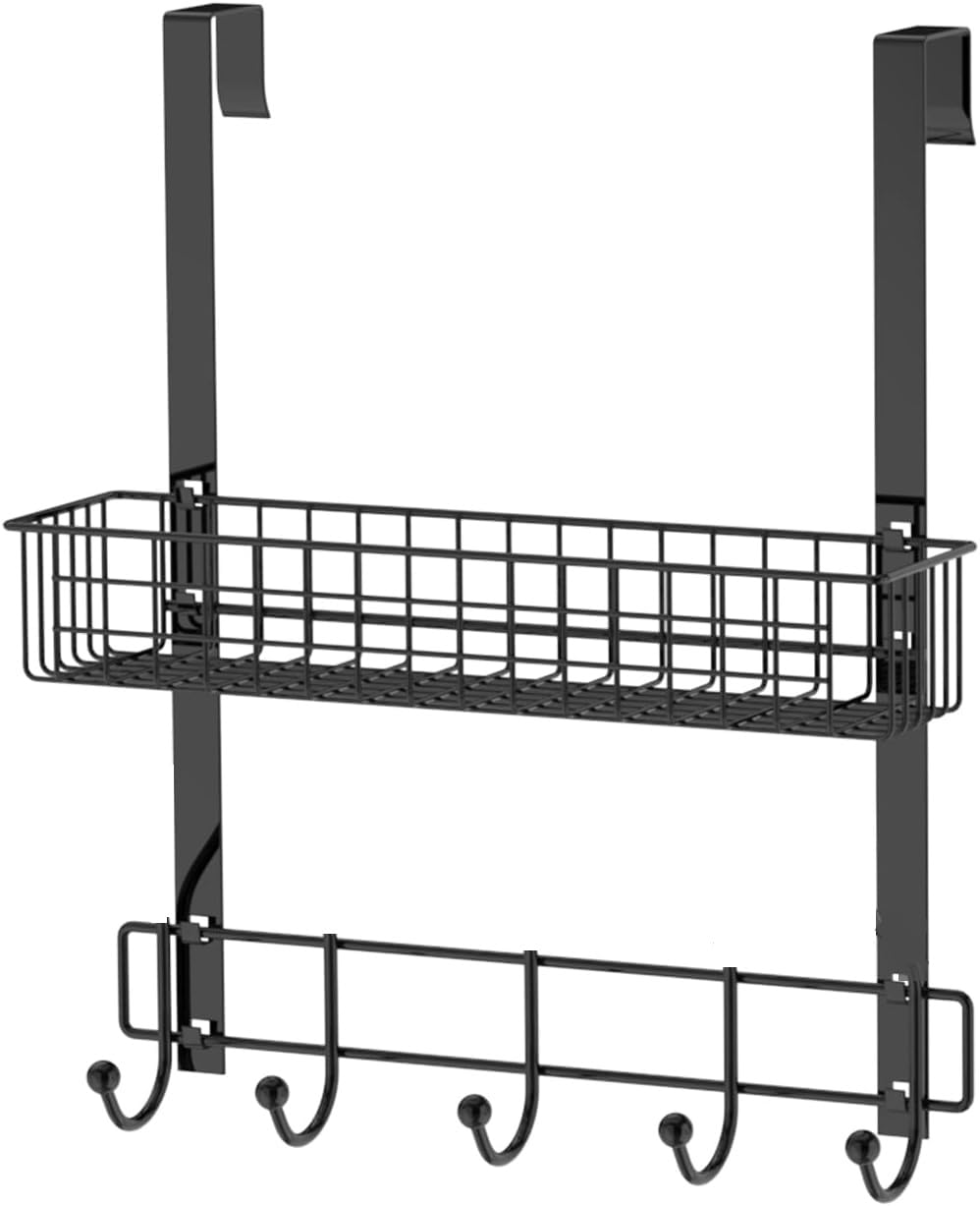 Konquer Time Over the-Door Hanger with Storage Basket Space-Saving Organizer for Clothes, Towels & Accessories